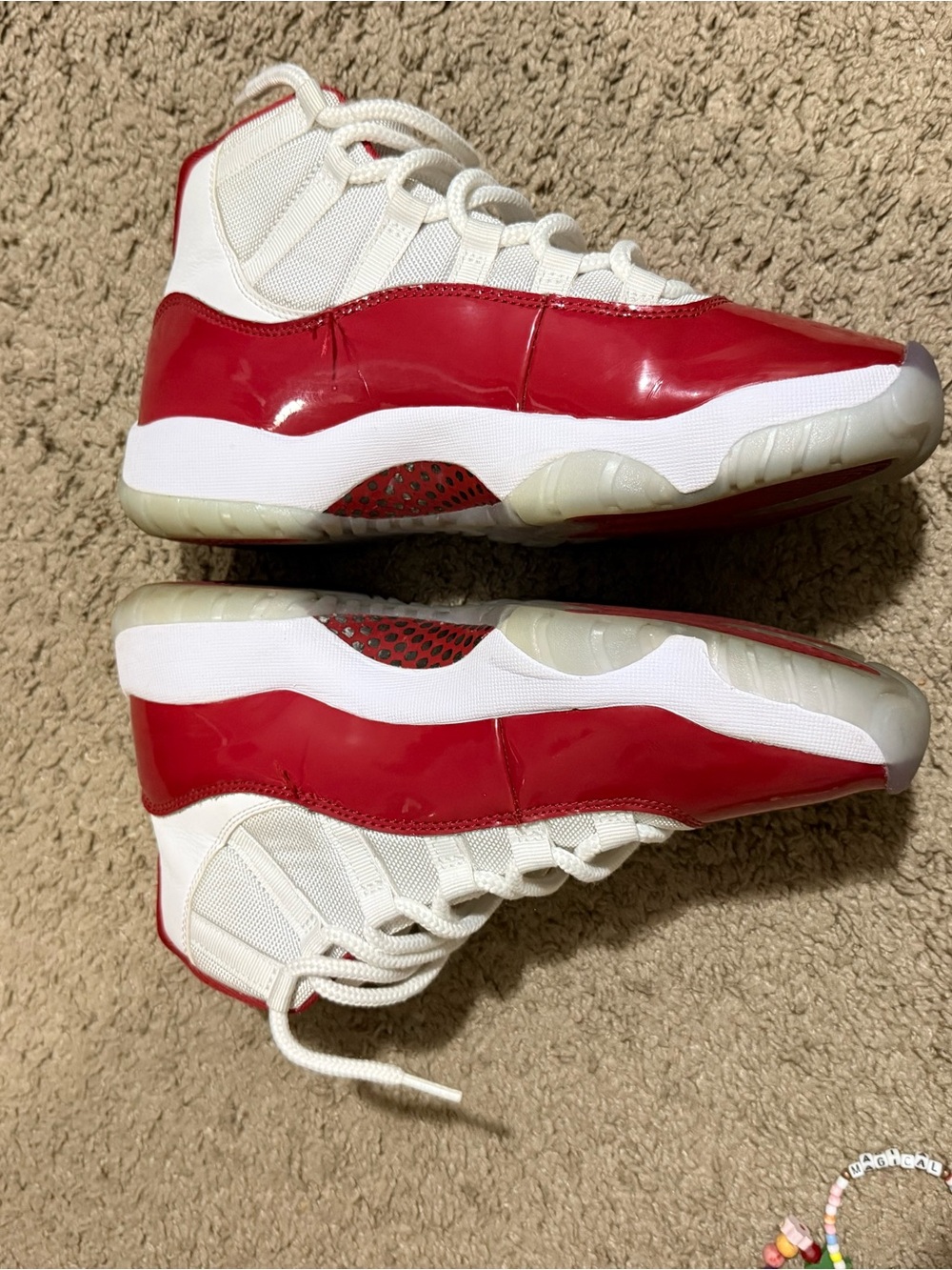 Jordan Men's High-Top Sneakers in White and Red Patent - Picture 3 of 8